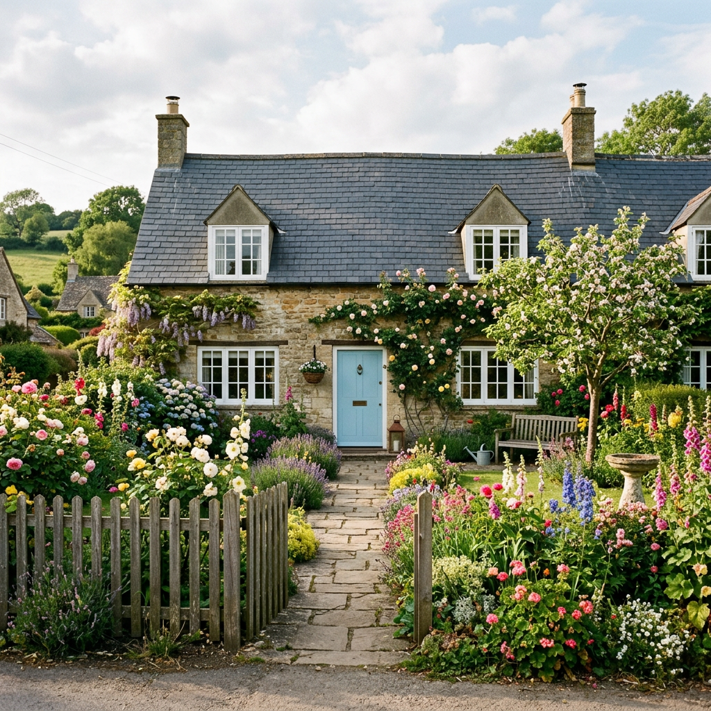 Stone cottage with blue door and vibrant flower garden